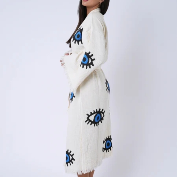 Cotton Turkish Robe - White/Blue - Handmade Evil Eye Pattern - Lightweight - Picture 3 of 3